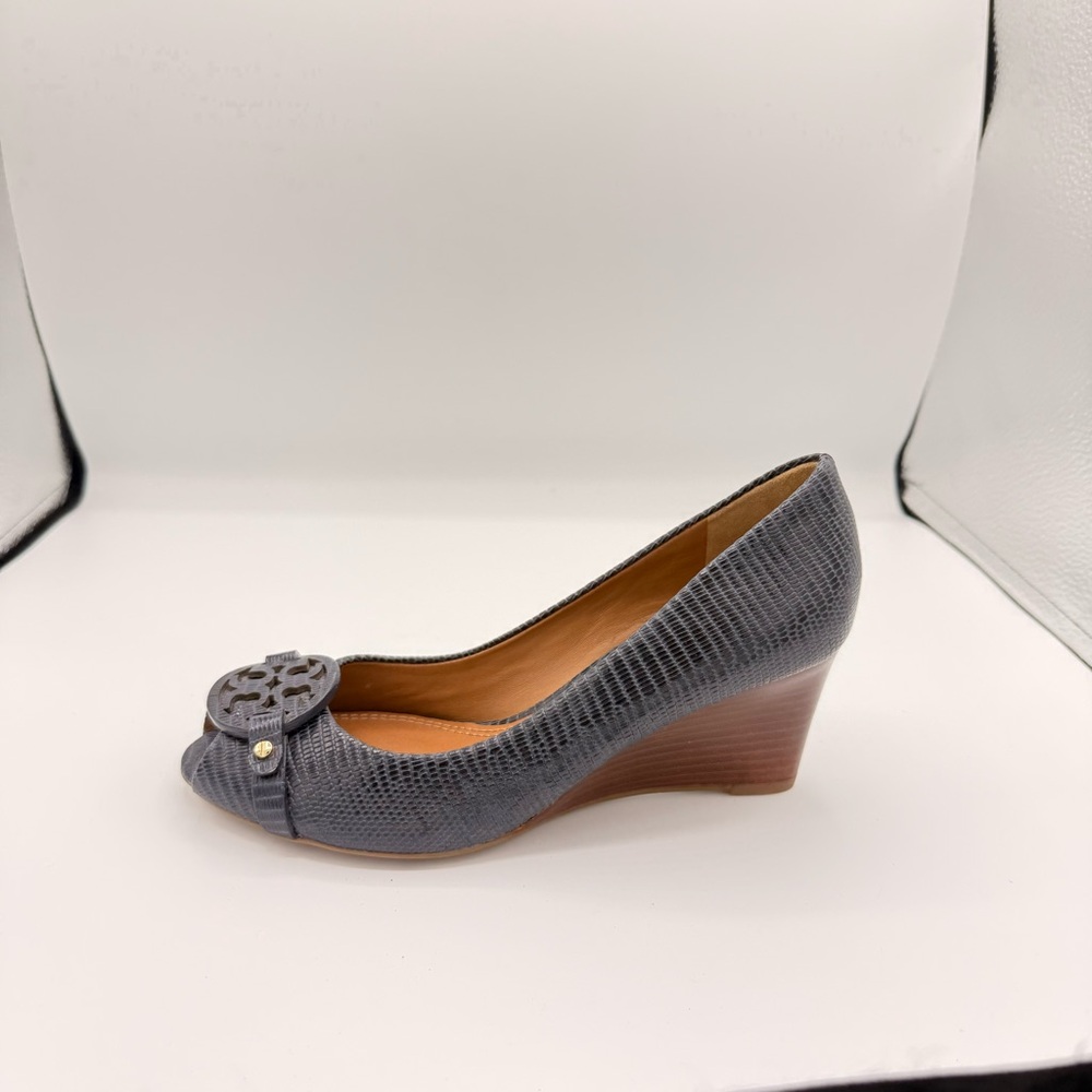Tory Burch Mini Miller Peep-Toe Wedge Heels | Lizard Embossed Leather